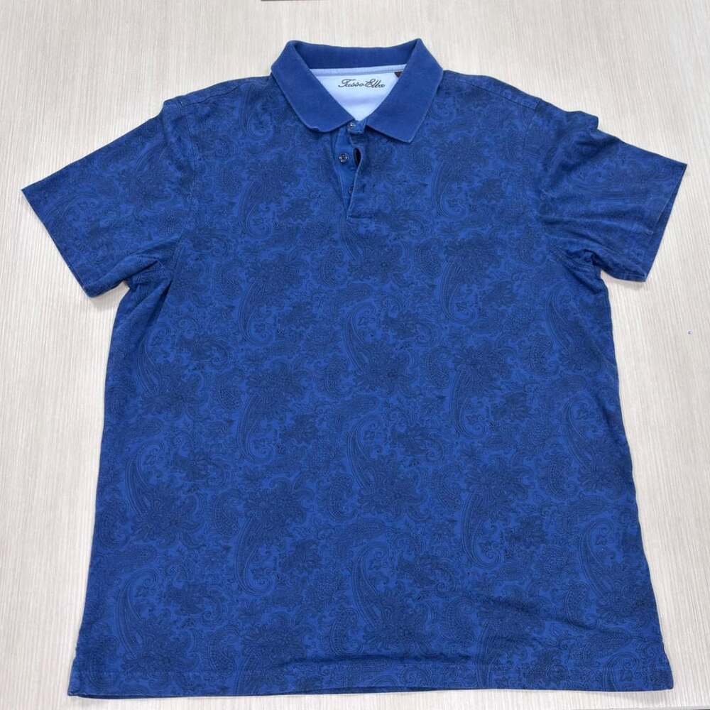 Tasso Elba Paisley Polo Shirt Size L Blue Cotton Short Sleeve